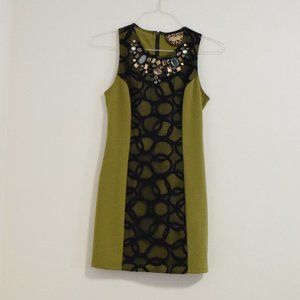 Moss Green Jewel Gem Collar Geometric Lace Panel Pencil Mini Dress | Size XS